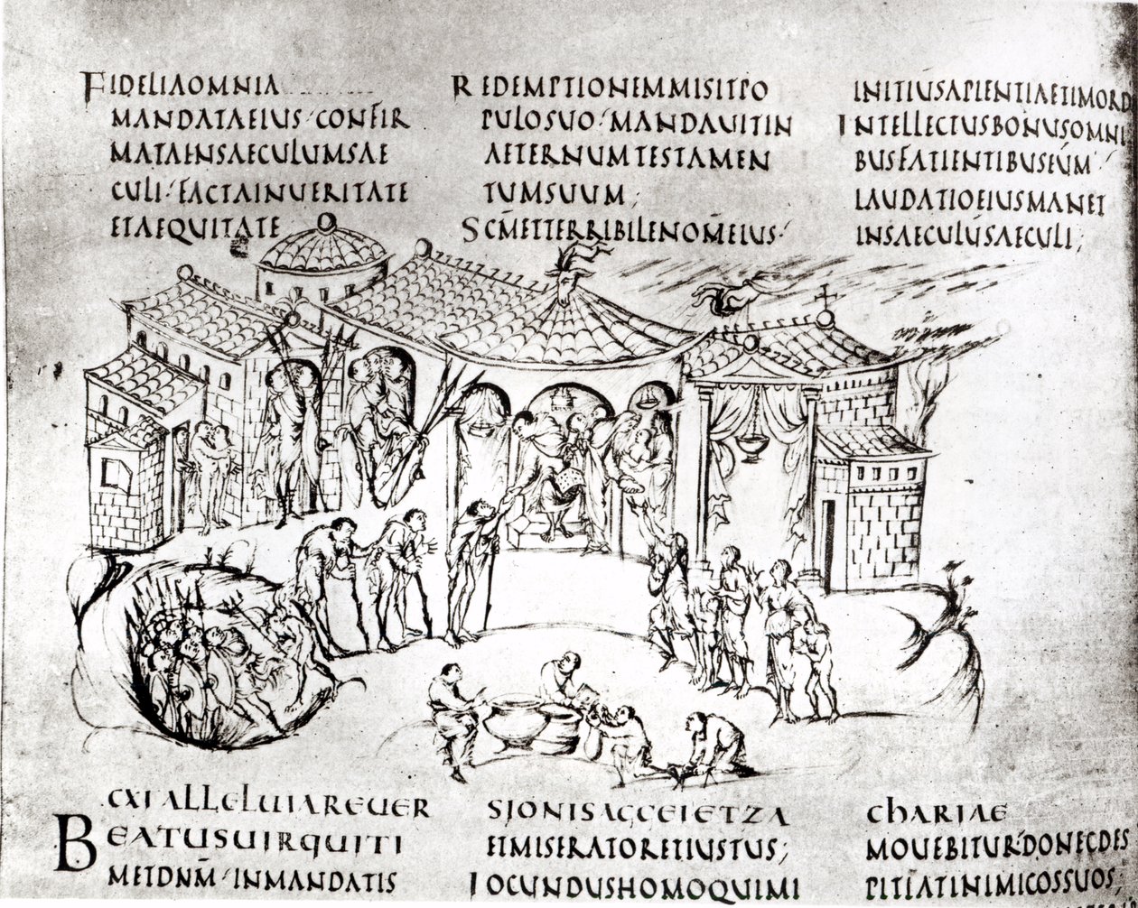 Ulike scener som illustrerer en salme, fra Utrecht Psalter, kopi av originalen fra Reims nå i Utrecht University Library (penn og blekk) av Carolingian School