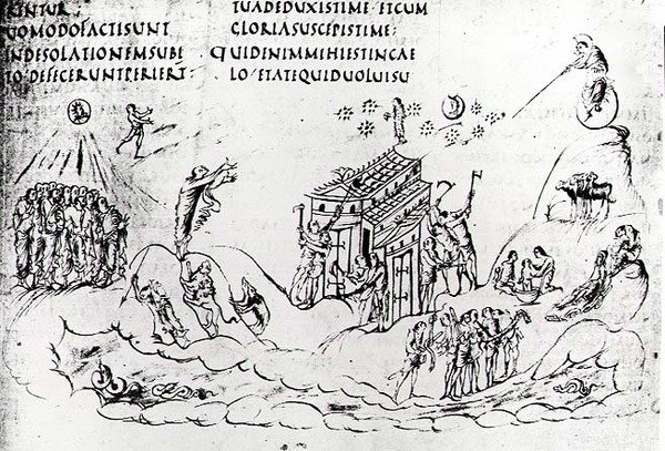 Ulike scener som illustrerer en av salmene, fra Utrecht Psalter, kopi av originalen fra Reims nå i Utrecht University Library (penn og blekk) av Carolingian School