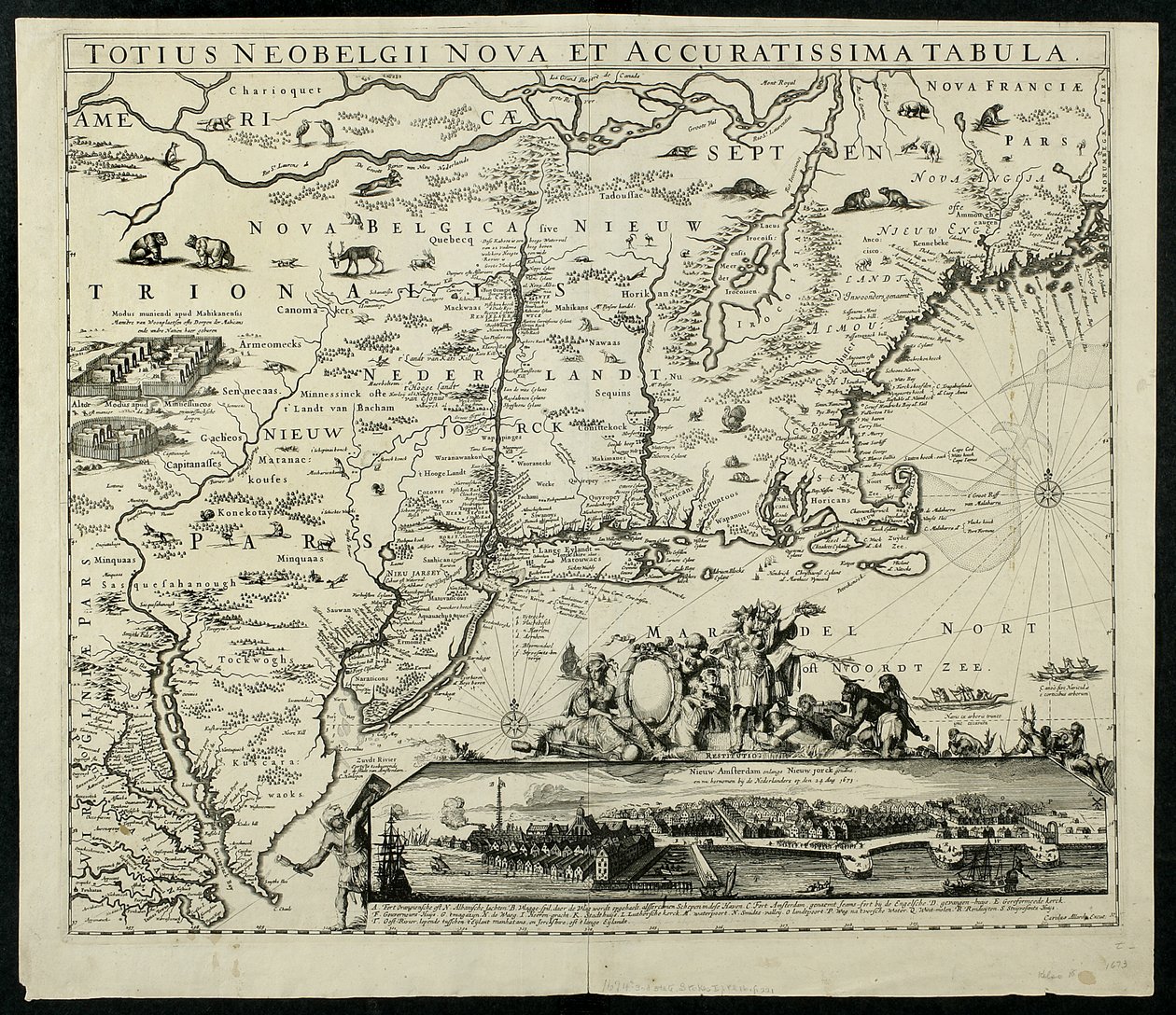 Nytt og nøyaktig kart over Neobelgii, kart, 1674, 1674 trykt kart, blekk på papir av Carolus Allardt