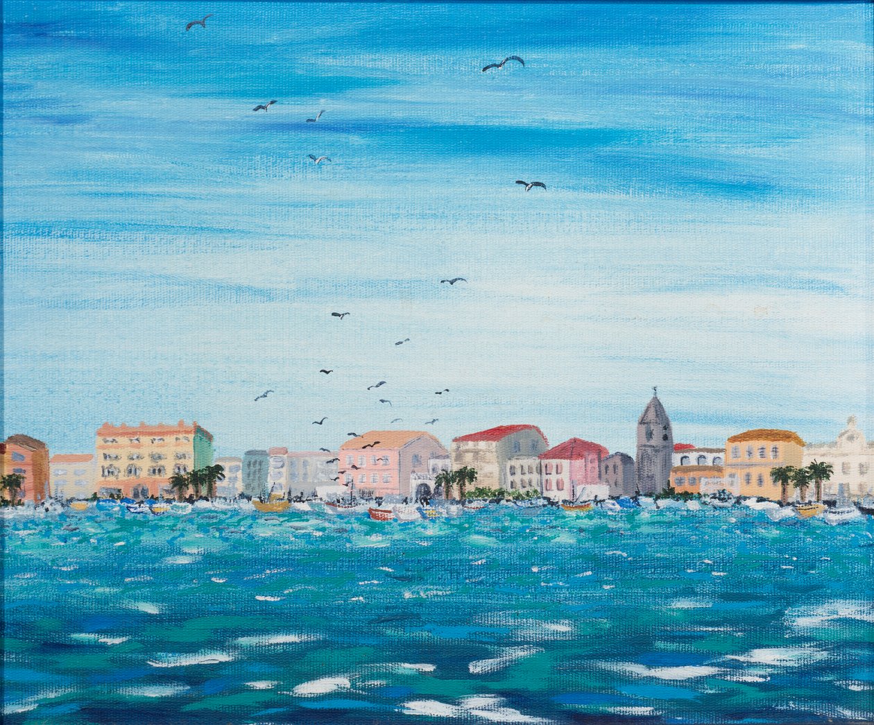 Sea Scene with Houses, 1995 (akryl om bord) av Carolyn Hubbard Ford