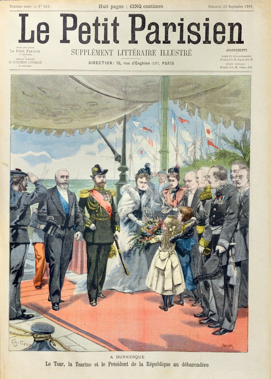 Tsar Nicolas II med sin kone, tsarina Alexandra, blir ønsket velkommen i Dunkerque av president Loubet, cover av 