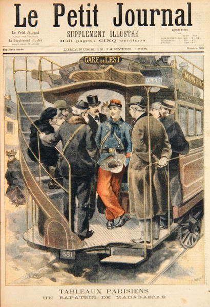 En repatriert soldat fra Madagaskar, gravert av Fortune-Louis Meaulle (1844-1901) illustrasjon fra Le Petit Journal, 12. januar 1896 (fargegravering) av Carrey