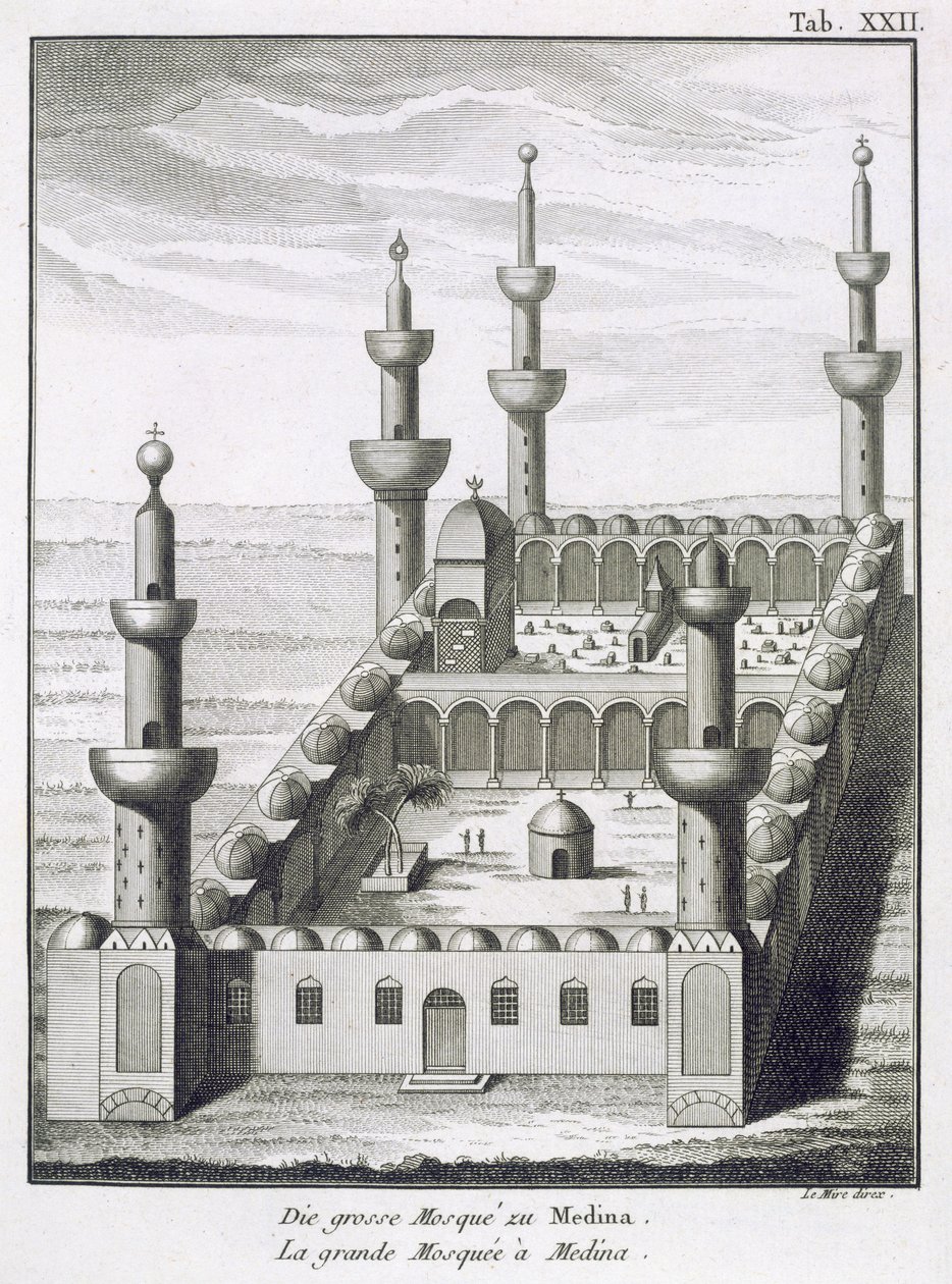 Den store moskeen i Medina, fra reiser i Arabia og i andre østlige land, gravert av Le Mire, utgitt 1780 av Carsten Niebuhr