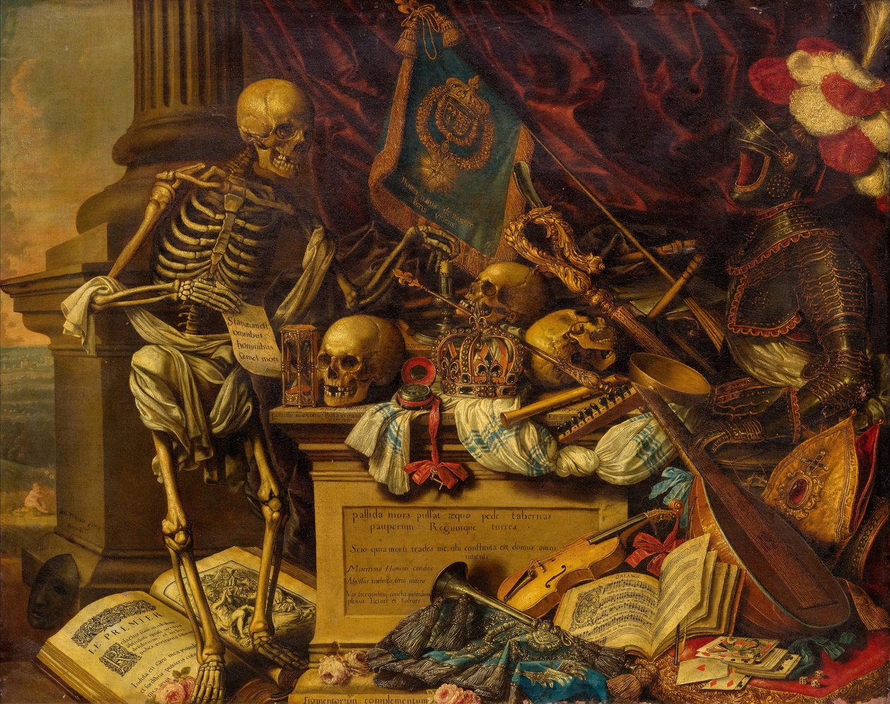 Vanitas Still Life med musikkinstrumenter, bøker, noter, skjelett, hodeskalle og rustning, 17. e.kr. av Carstian Luyckx