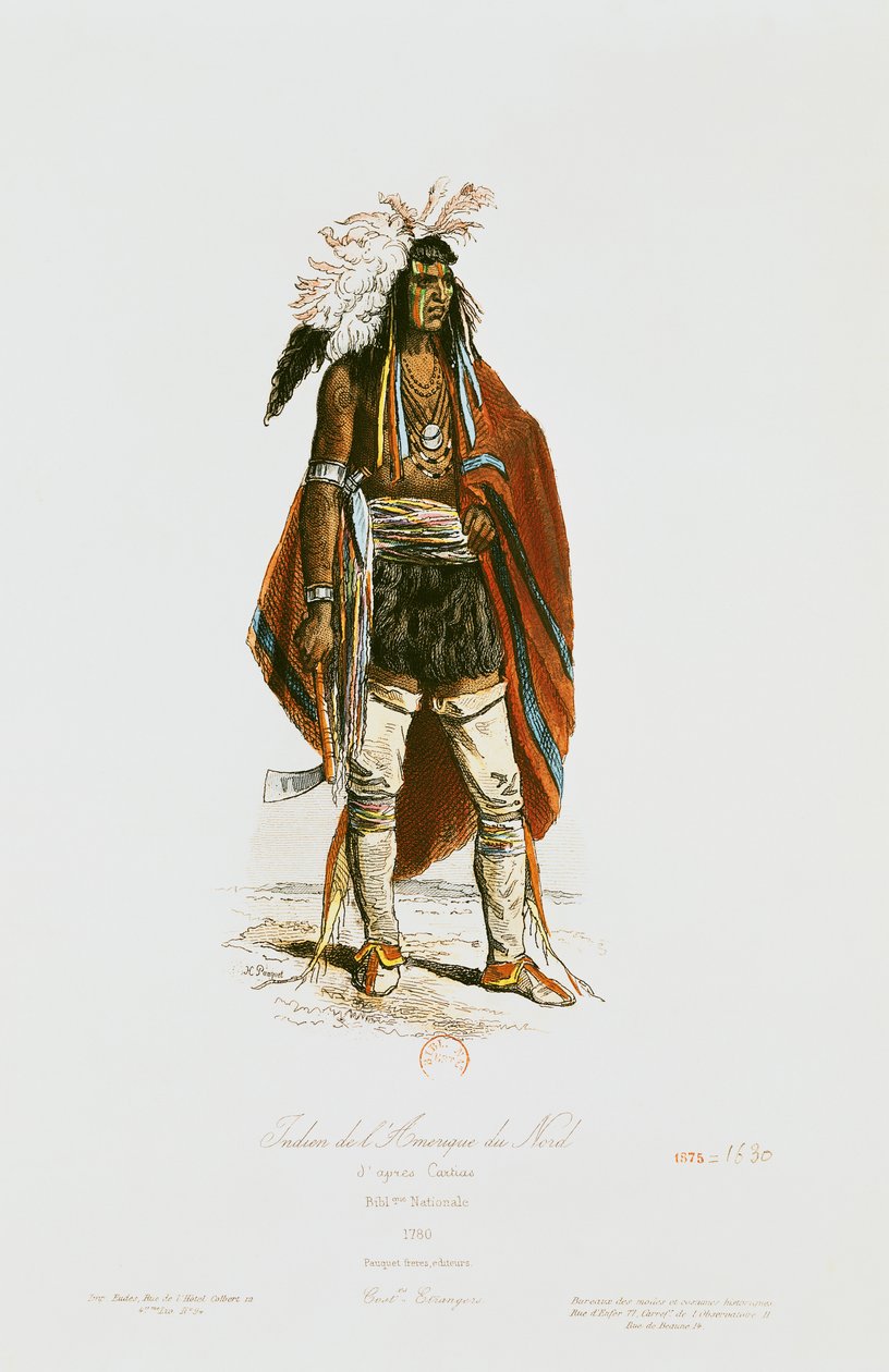 Nordamerikansk indianer, fra 'Modes et Costumes Historiques', gravert av Hippolyte Louis Pauquet (1797-s.1862) 1862 av Cartias
