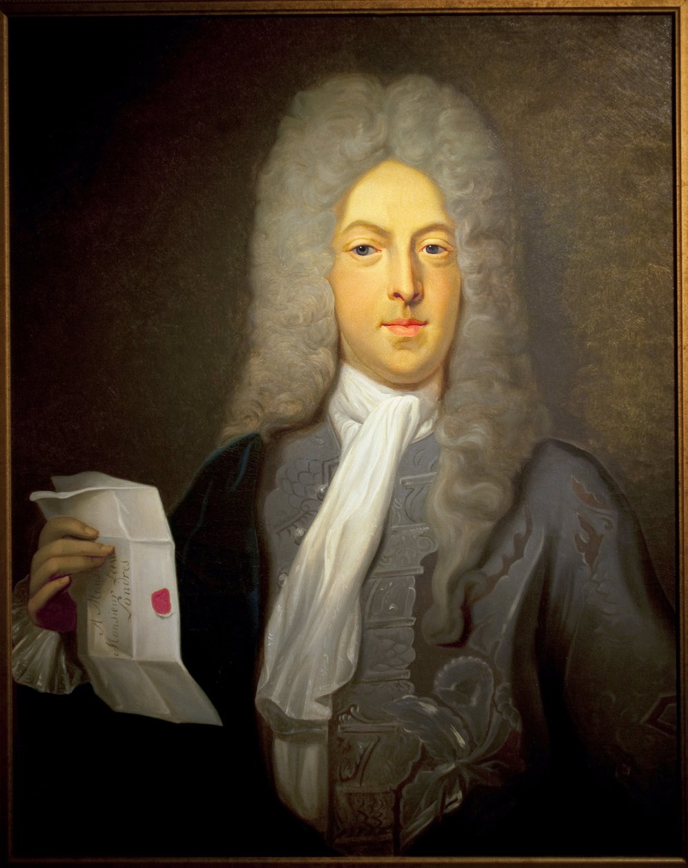 Portrett av John Law (1671-1729), skotsk finansmann og finanskontrollør i Frankrike, ansvarlig for konkursen i 1720. Maleri av Casimir Balthazar (1811-1875), Olje på lerret av Casimir de Balthasar