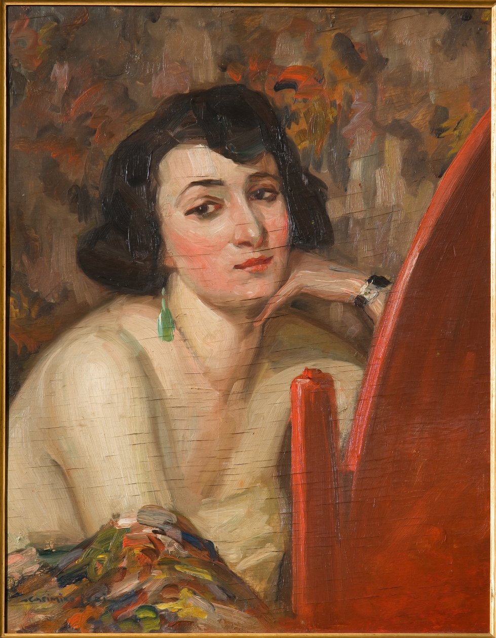 Woman at Mirror (olje på kryssfiner) av Casimiro Jodi