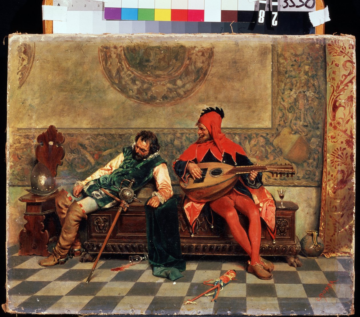 Full kriger og hoffnarr. Maleri av Casimiro Tomba (1857-1929). Olje på lerret, 37 x 47 cm. Italiensk kunst fra 1800-tallet. M. Kroshitsky kunstmuseum, Sevastopol. av Casimiro Tomba