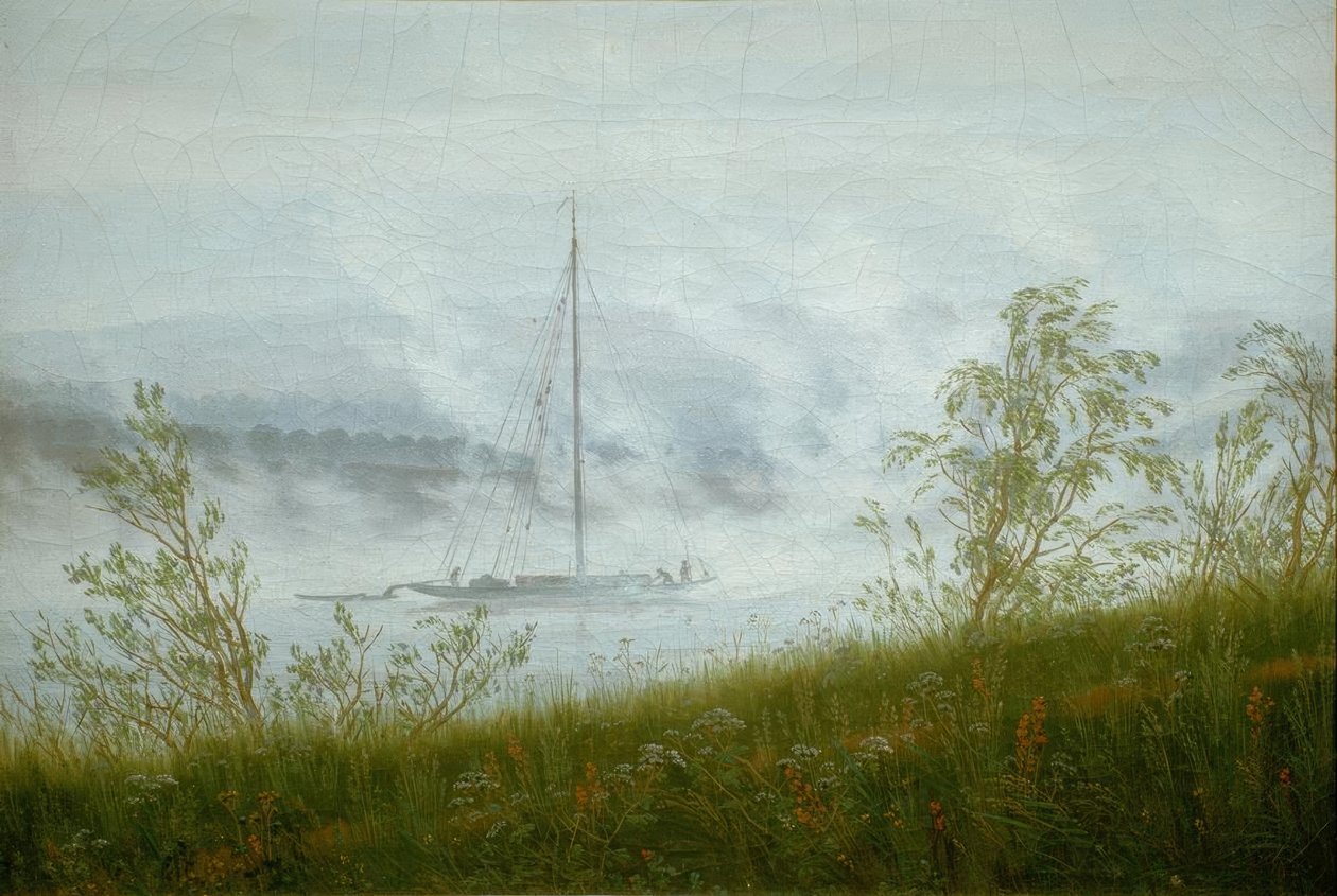 Elbe-skip i tidlig morgentåke av Caspar David Friedrich