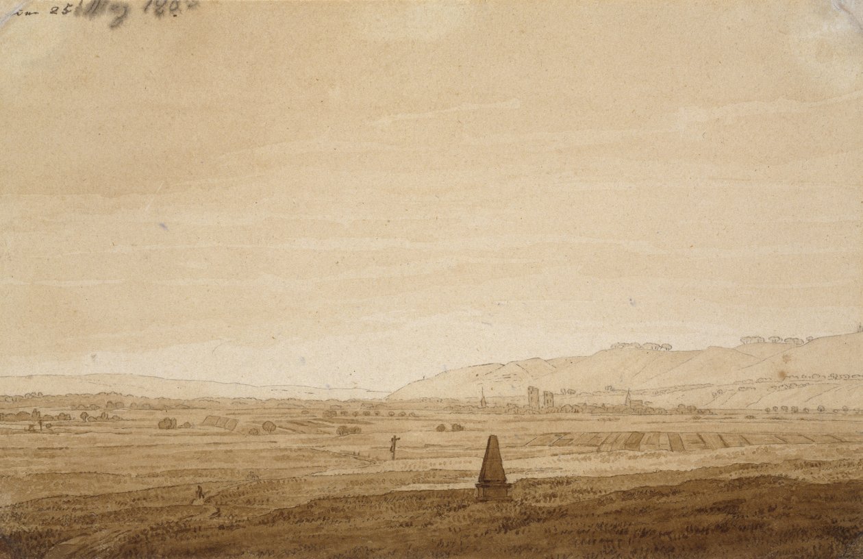 Landskap med en obelisk, 1803 (penslens spiss i brunt blekk og sepia på off-white papir) av Caspar David Friedrich