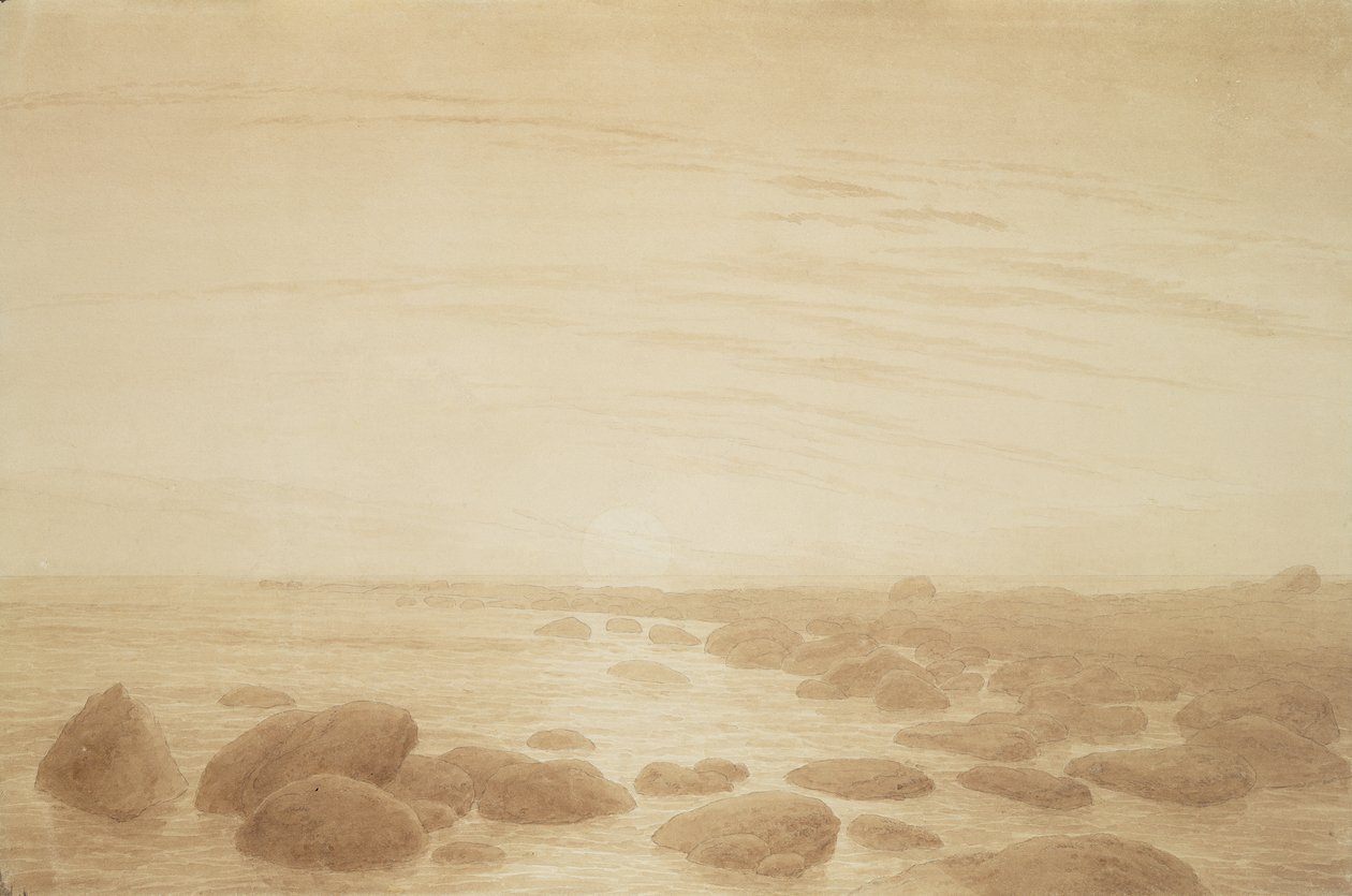 Måneoppgang på havet (solnedgang over havet) (sepia blekk og blyant på papir) av Caspar David Friedrich