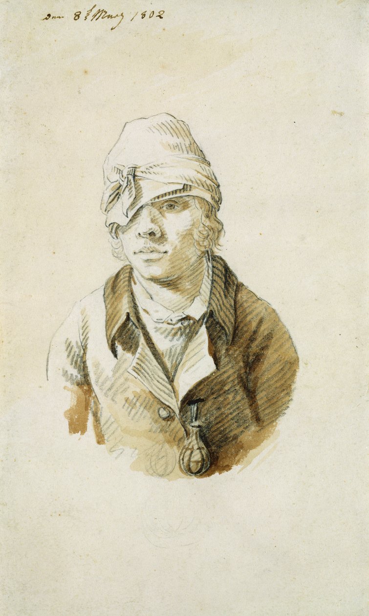 Selvportrett med lue og øyelapp, 8. mai 1802 (blyant, pensel og wc på papir) av Caspar David Friedrich