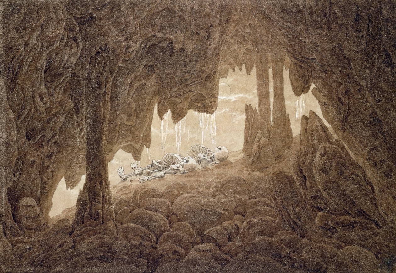 Skeleton in the Cave (sepia blekk og blyant på papir) av Caspar David Friedrich