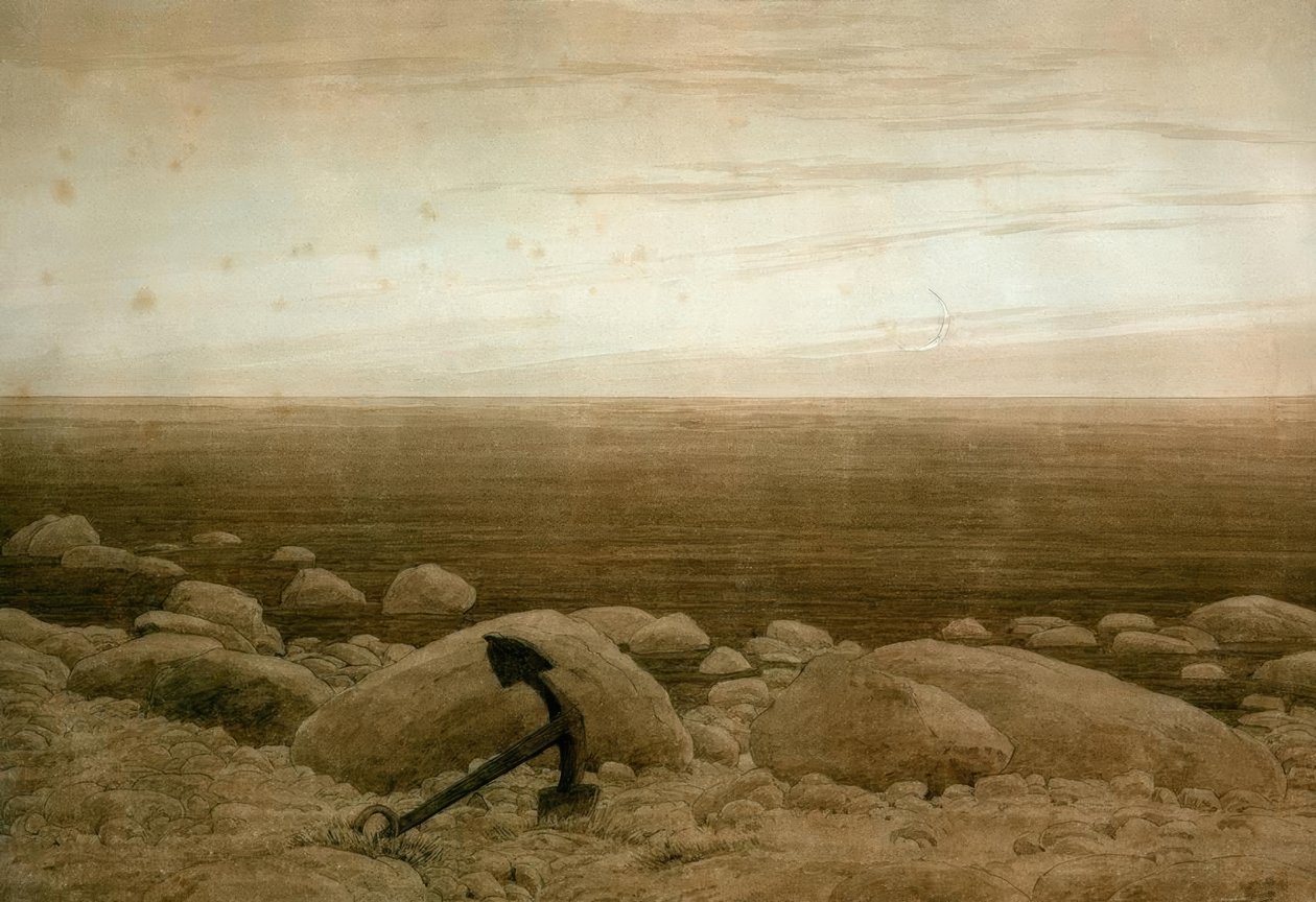 Steinstrand med anker og halvmåne av Caspar David Friedrich