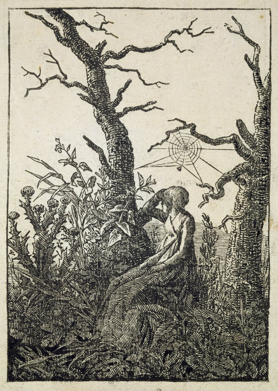 Kvinnen med et edderkoppnett i midten av bladløse trær av Caspar David Friedrich
