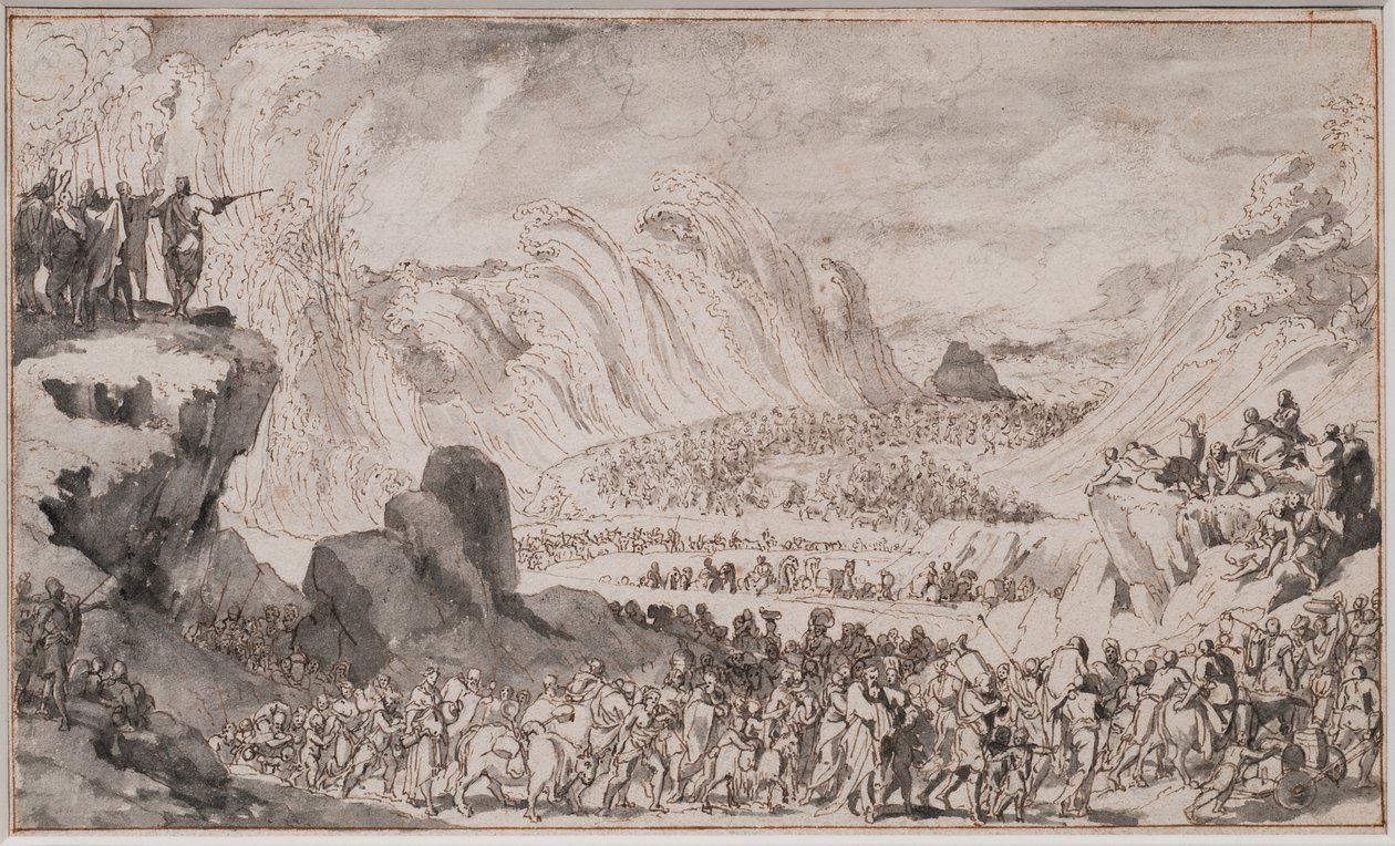 Moses deler Rødehavet (kritt, penn og blekk og vask på papir) av Caspar Luyken