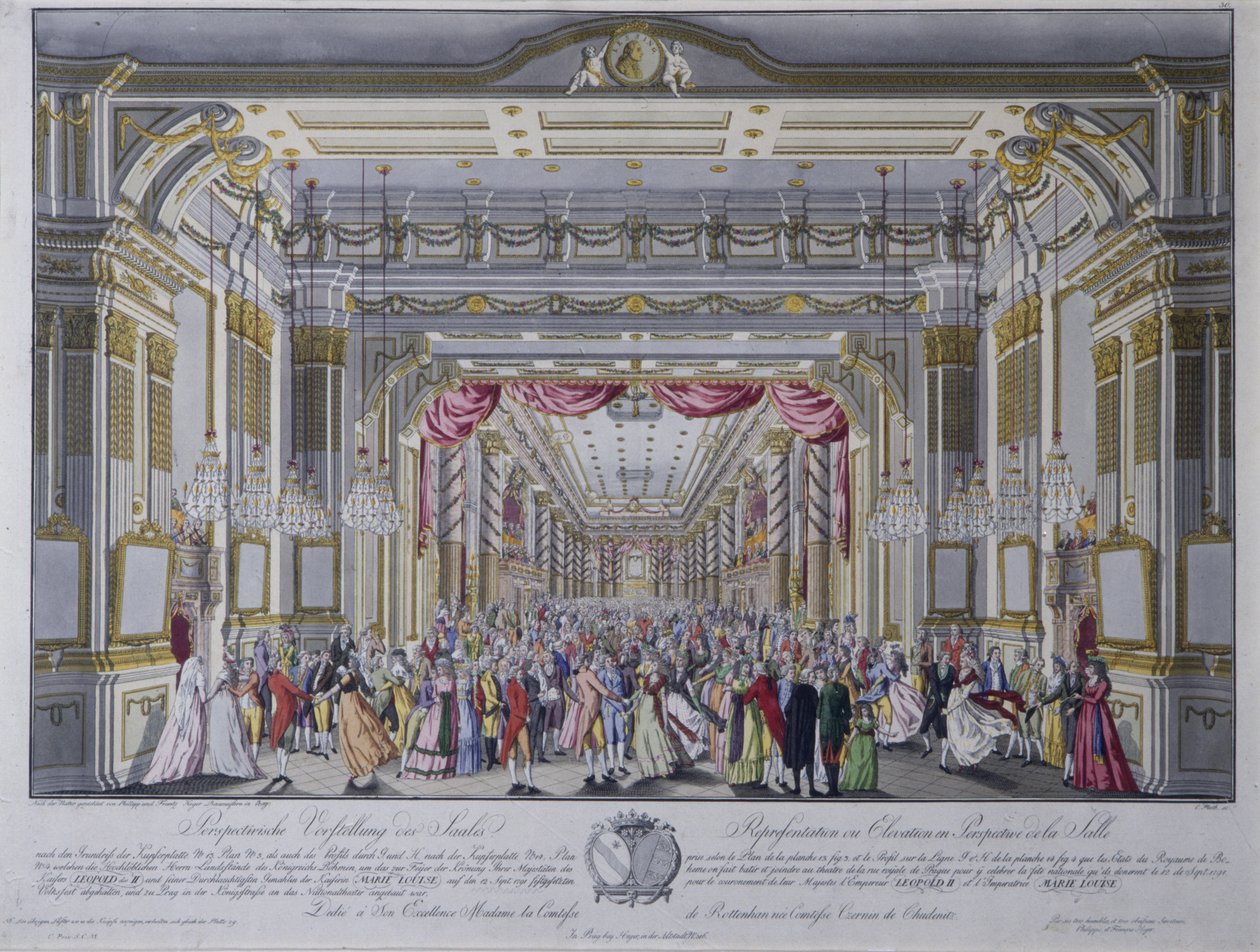 Ball etter kroningen av Leopold II som konge av Böhmen i Praha i 1791 (håndfarget gravering) av Caspar Pluth