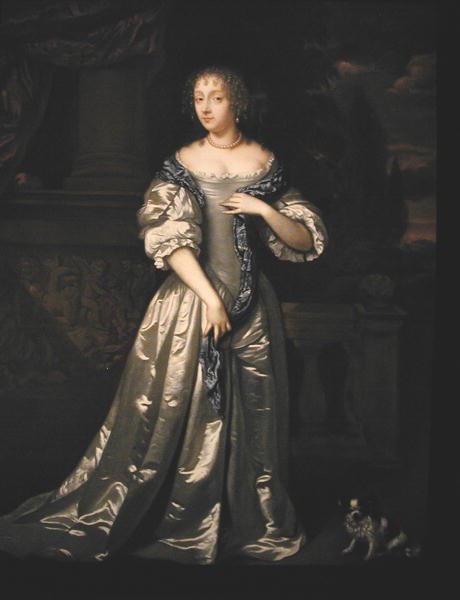 Portrett av Lady Philippa Stanton og hennes hund som står på en terrasse av en skulpturert frise (olje på lerret) av Caspar (studio of) Netscher