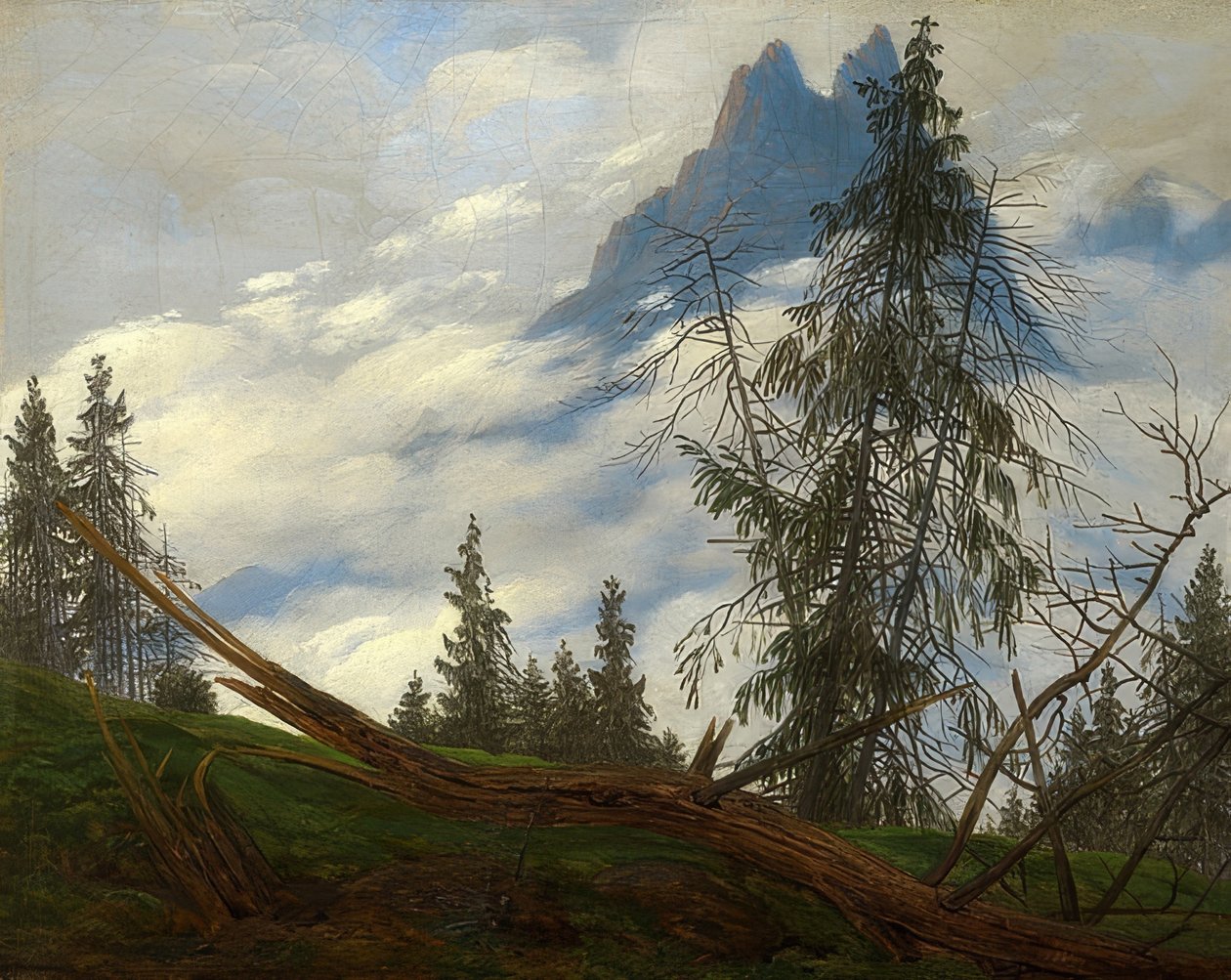 Fjelltopper med bevegelige skyer. Rundt 1835 av Caspar David Friedrich