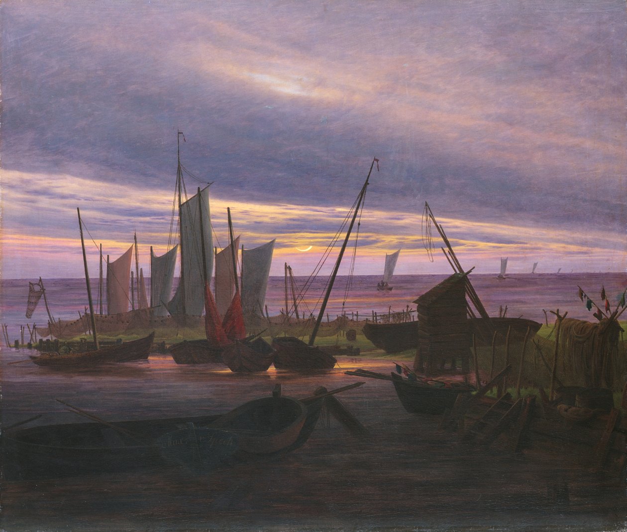 Båter i havnen om kvelden, ca. 1828 av Caspar David Friedrich