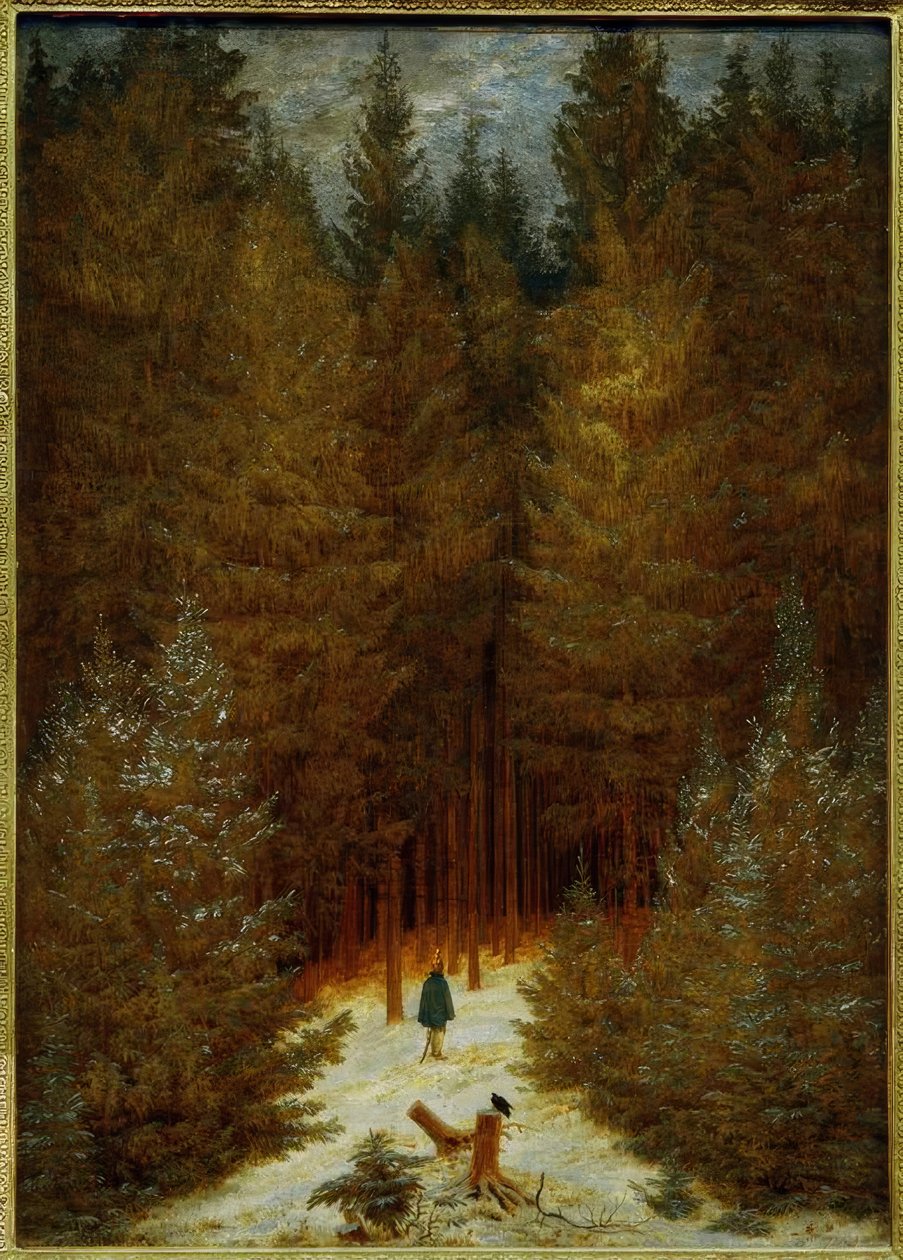 The Chasseur im Walde (En snødekt granskog, Tannenwa av Caspar David Friedrich