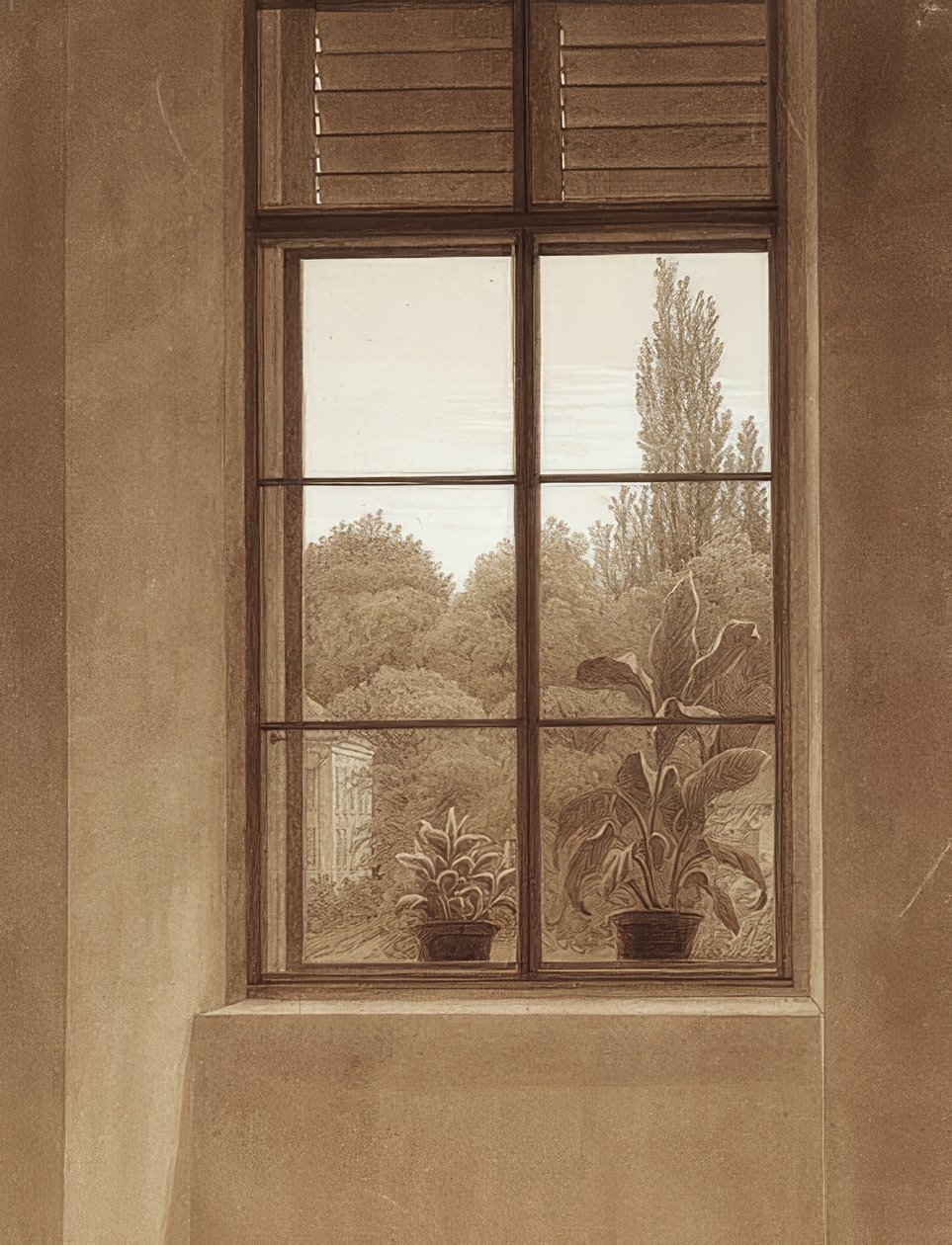 Vindu med utsikt over en park. Rundt 1837 (?) av Caspar David Friedrich