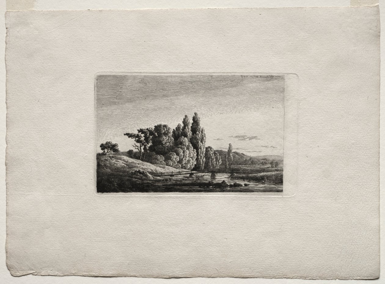 Gangbro med kors før trær ved en elv, ca. 1803. av Caspar David Friedrich