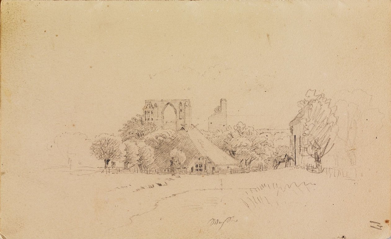 Klosterruinene i Eldena, med et stråtekt hus og et lite vann av Caspar David Friedrich