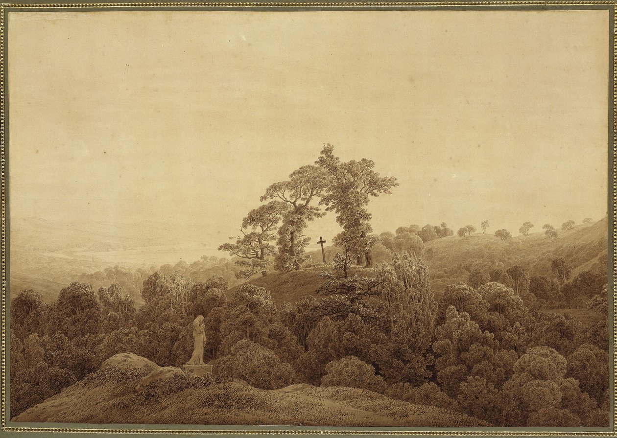 Kystlandskap med kors og statue av Caspar David Friedrich