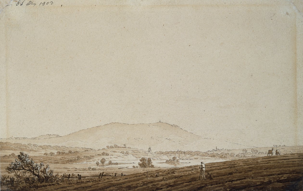 Landskap i Böhmen med utsikt over Mount Jeschken, 1803 (penn- og blekkvask på papir) av Caspar David Friedrich