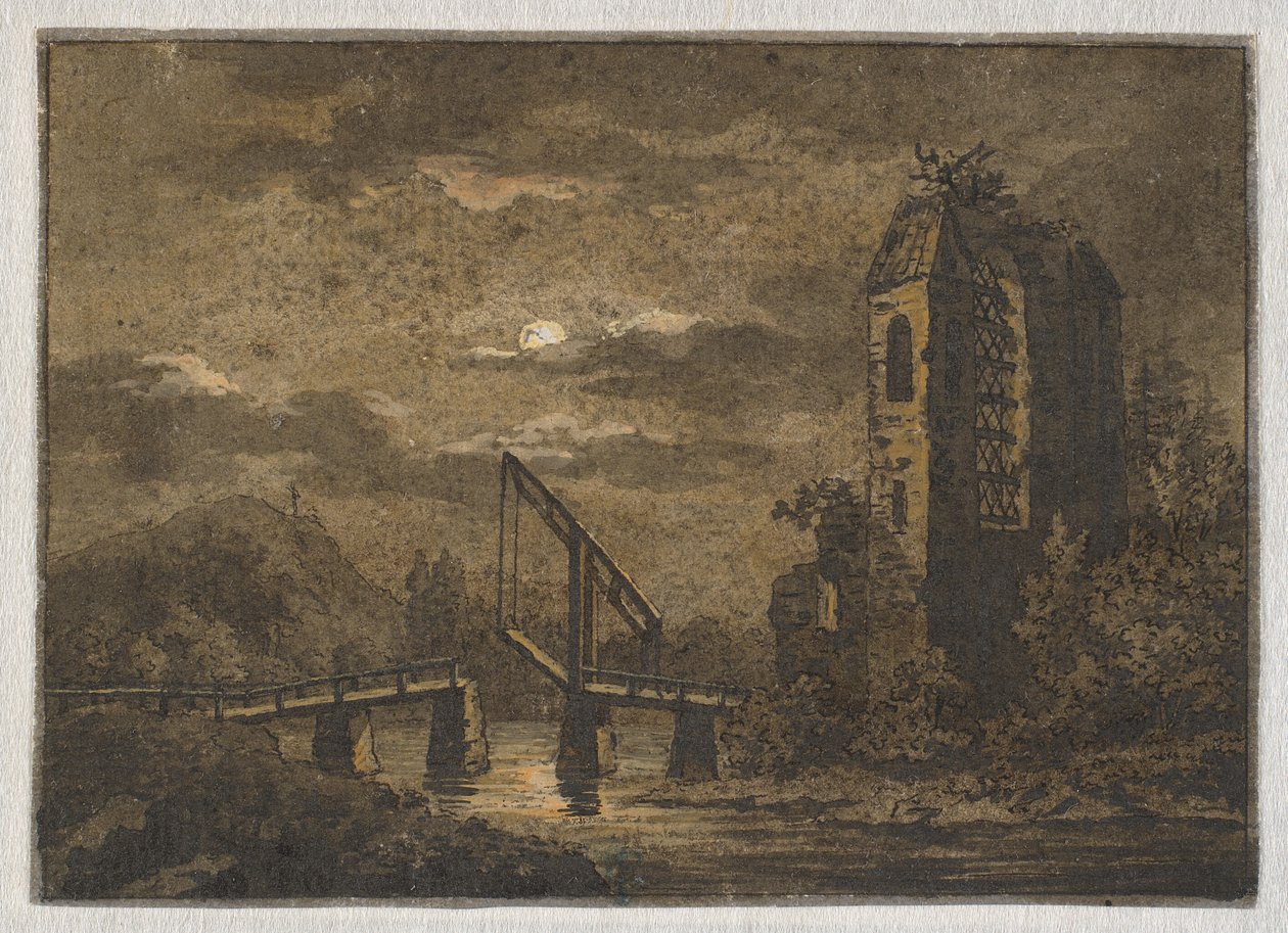 Landskap med vindebro og ruin i måneskinn av Caspar David Friedrich