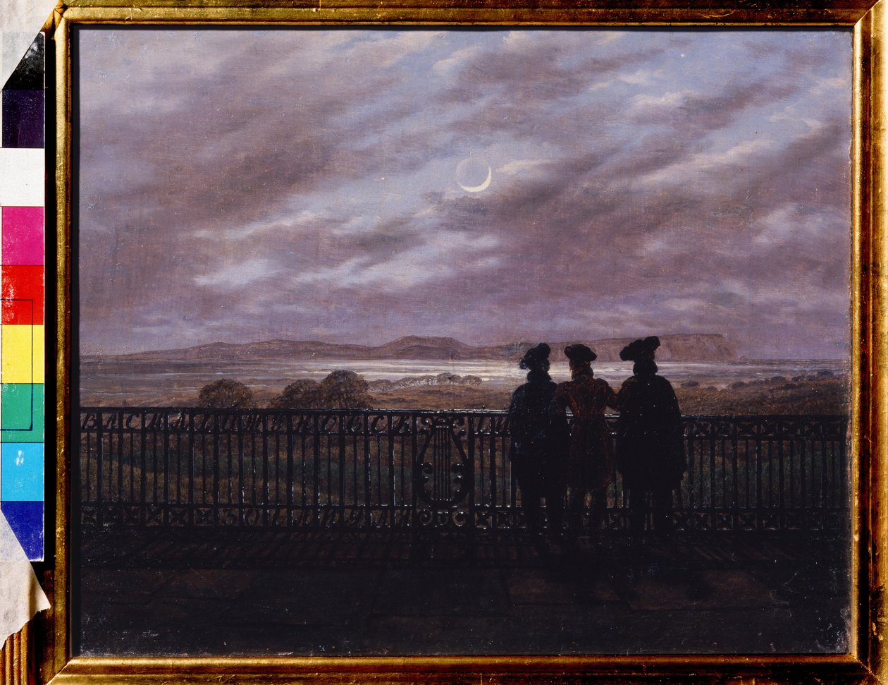 ""Les poetes russes Vassili Joukovski (Zhukovsky) (1783-1852), Ivan Tourgueniev (Tourgueneff) (1818-1883) og Alexandre Ivan Tourgueniev (vers 1784-1846)) (Poetene V.A. Zhukov Aleksy, Turgenevichov og Ivan Sergenvichov ) Peinture de Cas av Caspar David Friedrich
