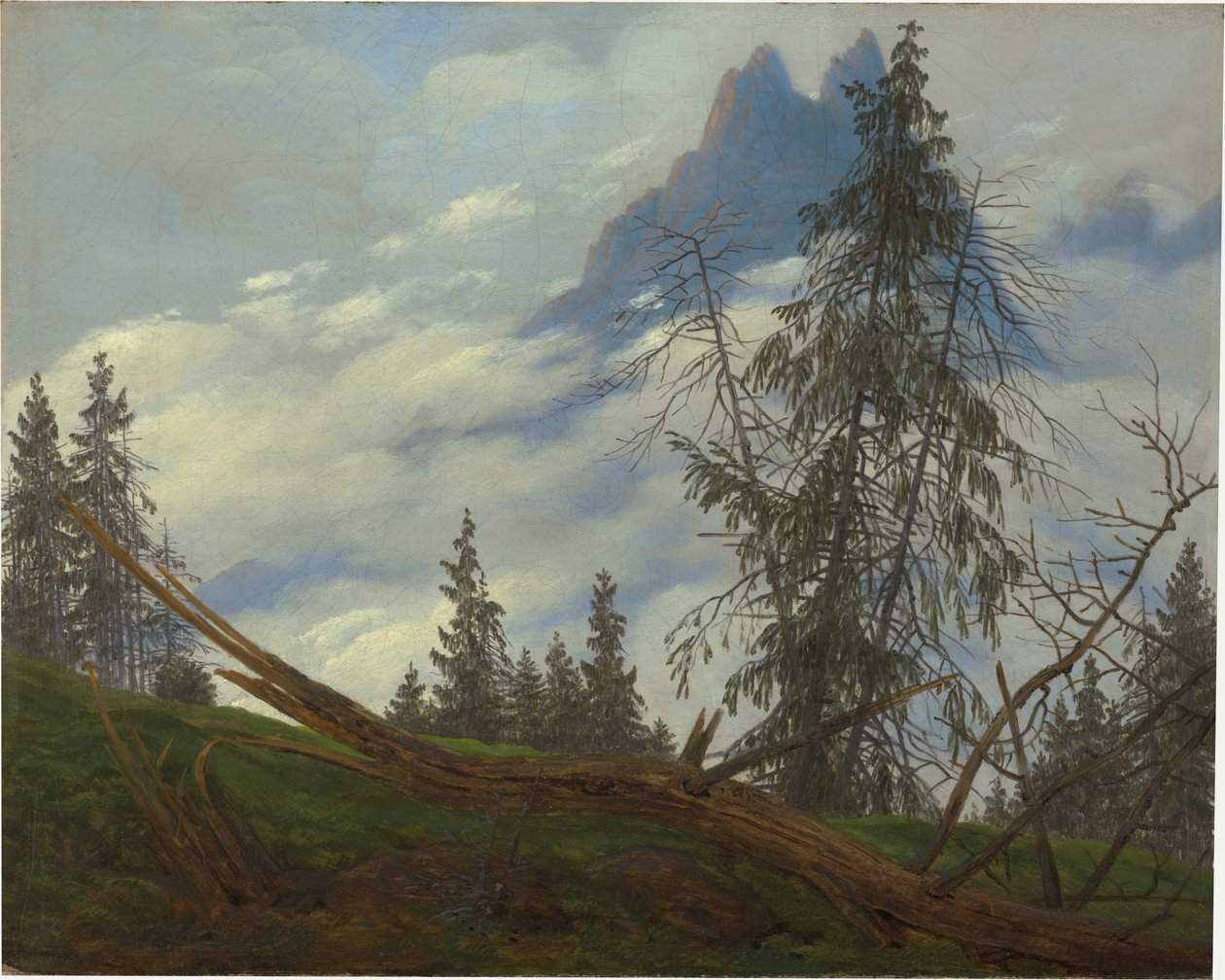 Fjelltopp med drivende skyer av Caspar David Friedrich