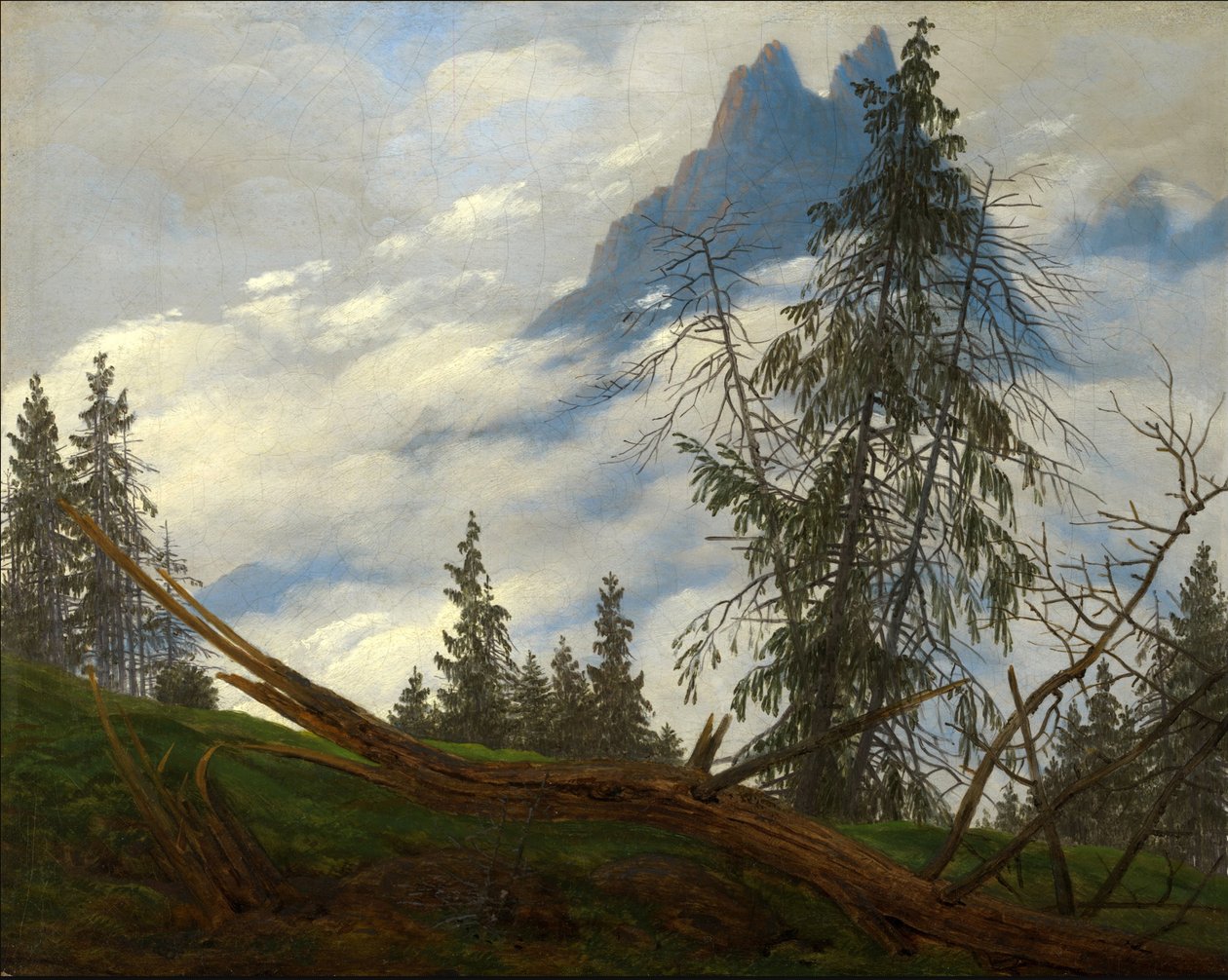 Fjelltopp med drivende skyer av Caspar David Friedrich
