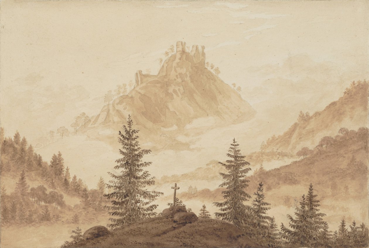 Fjelllandskap med tåke i dalen, ca 1805. av Caspar David Friedrich