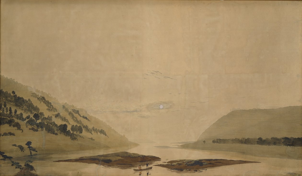 Fjelllandskap med elv om morgenen, 183035 (wc og tempera på gjennomsiktig papir) (par til 265365) av Caspar David Friedrich