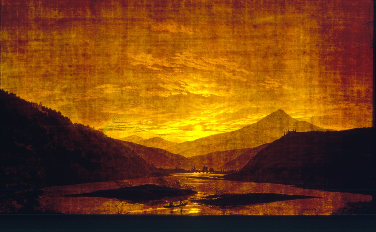 Mountainous River Landscape at Night, 1830-35 (wc og tempera på gjennomsiktig papir) (par til 242025) av Caspar David Friedrich