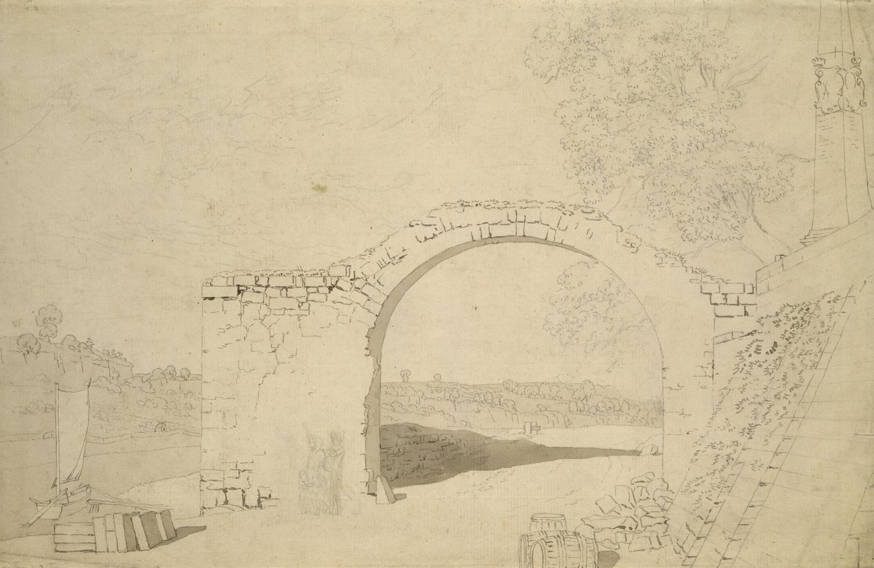 Elvelandskap med bue (uferdig) (blyant, penn og wc på papir) av Caspar David Friedrich