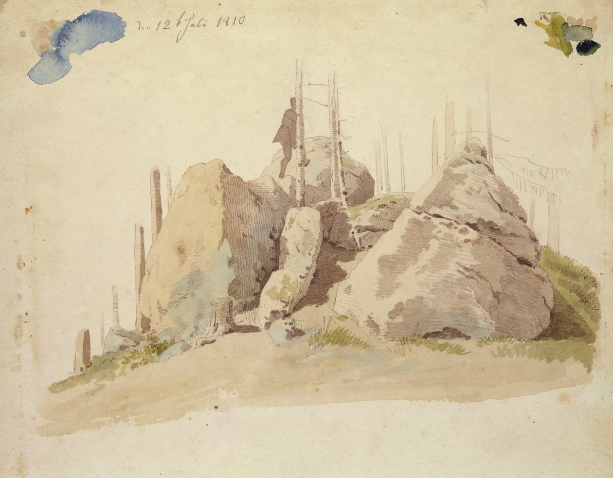 Rock and Tree: uferdig studie, 12. juli 1810 (wc og blyant på papir) av Caspar David Friedrich