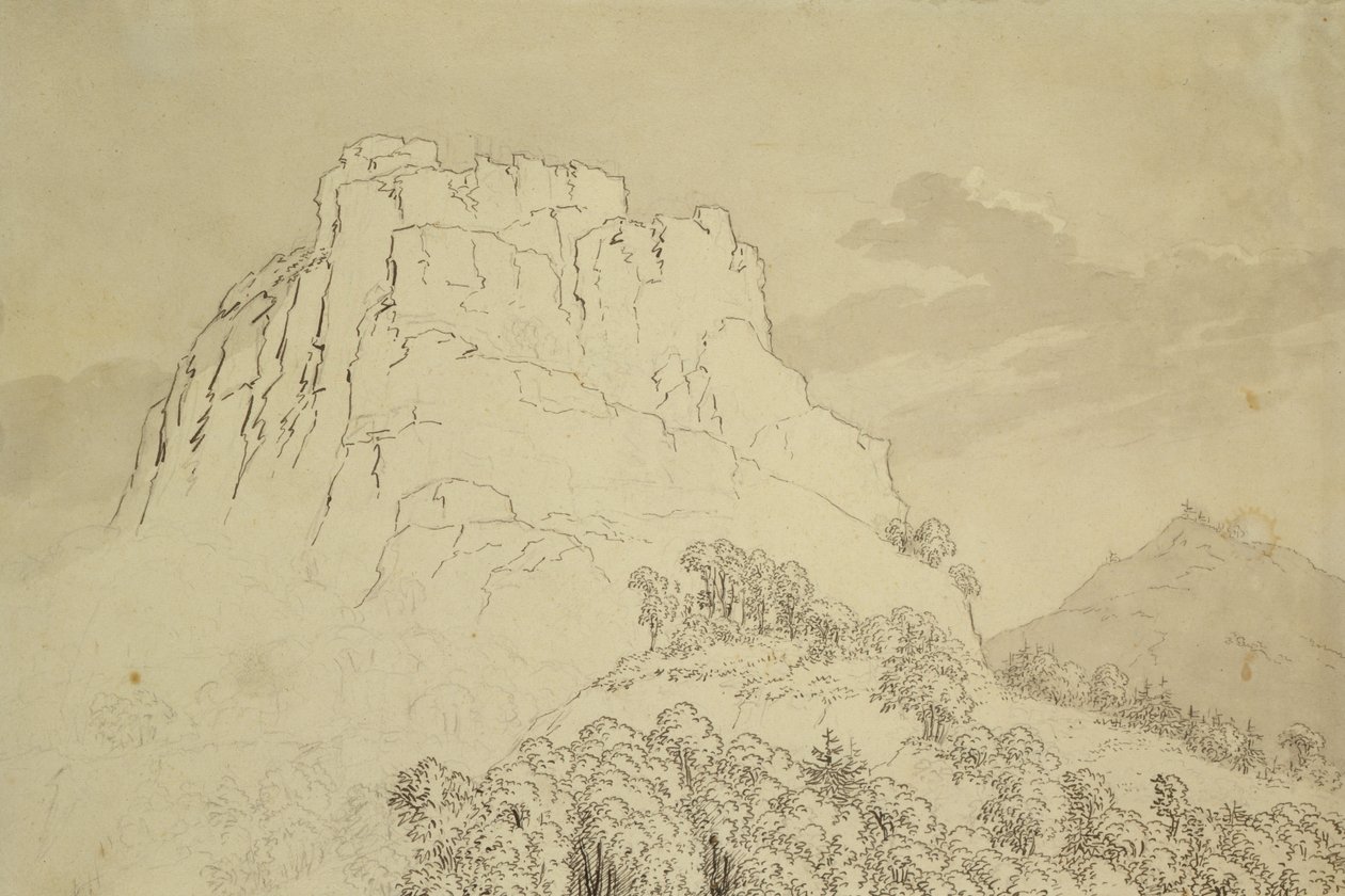 Rocky Hilltop med en Wooded Hill foran (blyant, penn og wc-vask på papir) av Caspar David Friedrich