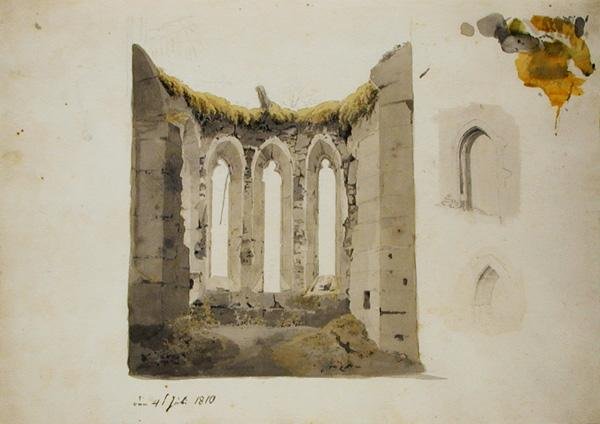 Ruiner av et gotisk kor, 4. juli 1810 (blyant og wc på papir) av Caspar David Friedrich