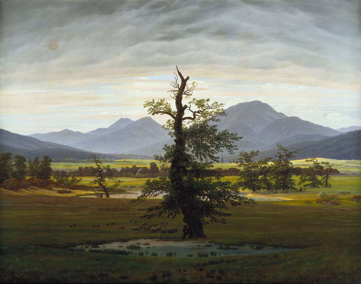 Solitary Tree Village Landscape in Morning Light, 1822 av Caspar David Friedrich