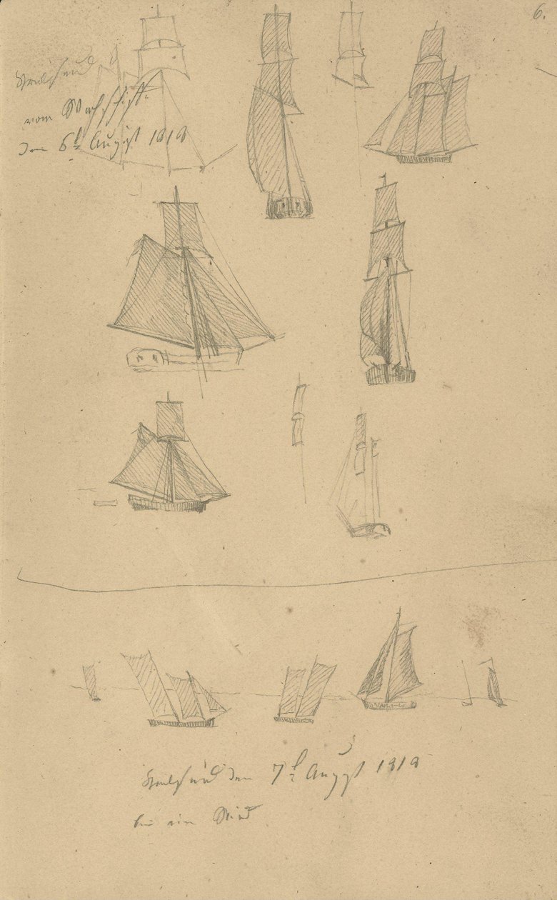 Studier av seilskip av Caspar David Friedrich
