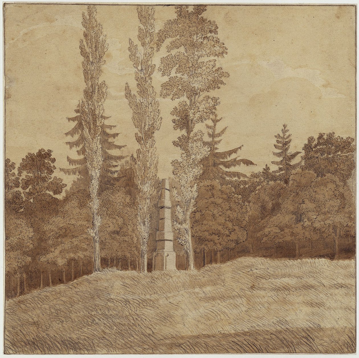 Skoglysning med obelisk i Seifersdorf-dalen av Caspar David Friedrich