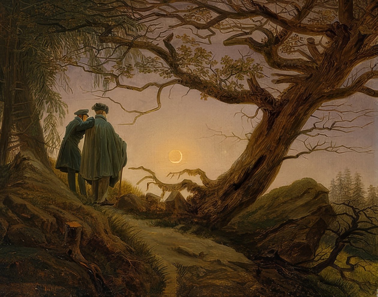 To menn ser på månen. Rundt 1825-30 av Caspar David Friedrich