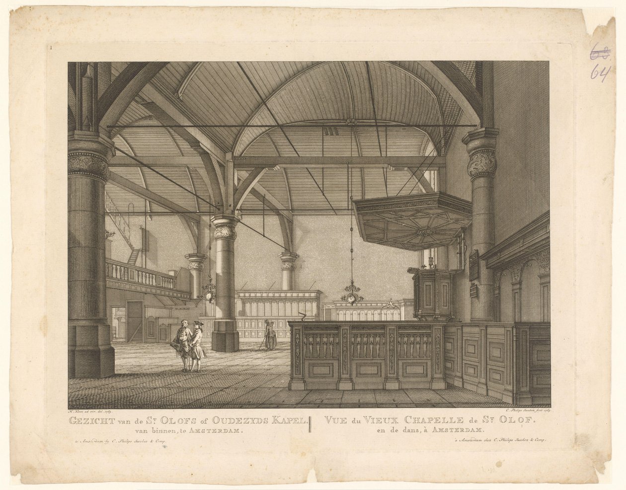 Interiør i St. Olofs kapell i Amsterdam Utsikt over St. Olofs- eller Oudezyds-kapellet fra innsiden, i Amsterdam / Vue du Vieux Chapelle de St. Olof og dansen, à Amsterdam (tittel på objekt) av Caspar Jacobsz. Philips