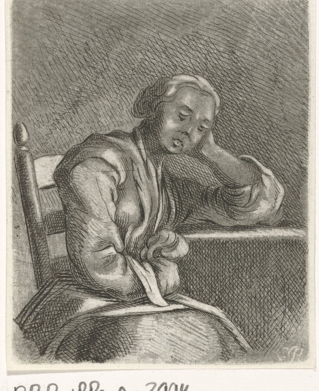 Sovende jente ved bordet av Caspar Jacobsz. Philips