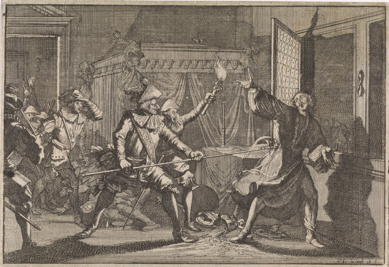Albrecht von Wallenstein, hertug av Friedland, blir myrdet av sine egne soldater, 1634 av Caspar Luyken (attributed to)