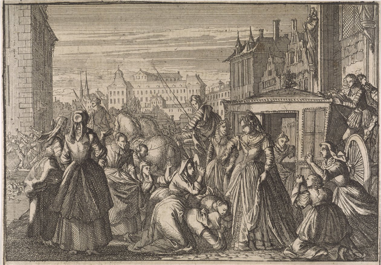 Kvinner som kneler foran dronning Anna i Paris, ber henne om å kutte skatter, 1645 av Caspar Luyken (attributed to)
