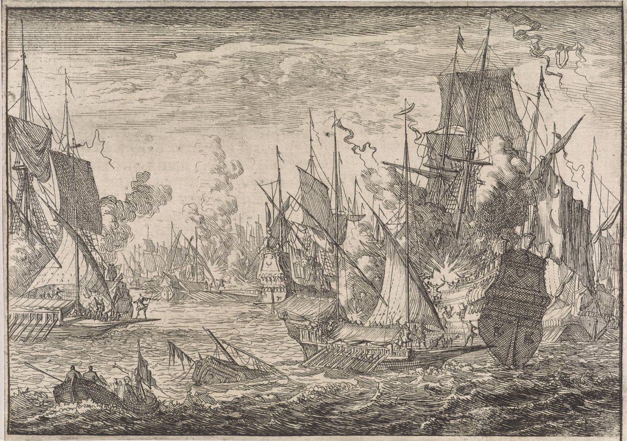 Sjøslag mellom tyrkiske krigsskip og bysser fra Knights of Malta, 1644 av Caspar Luyken (attributed to)